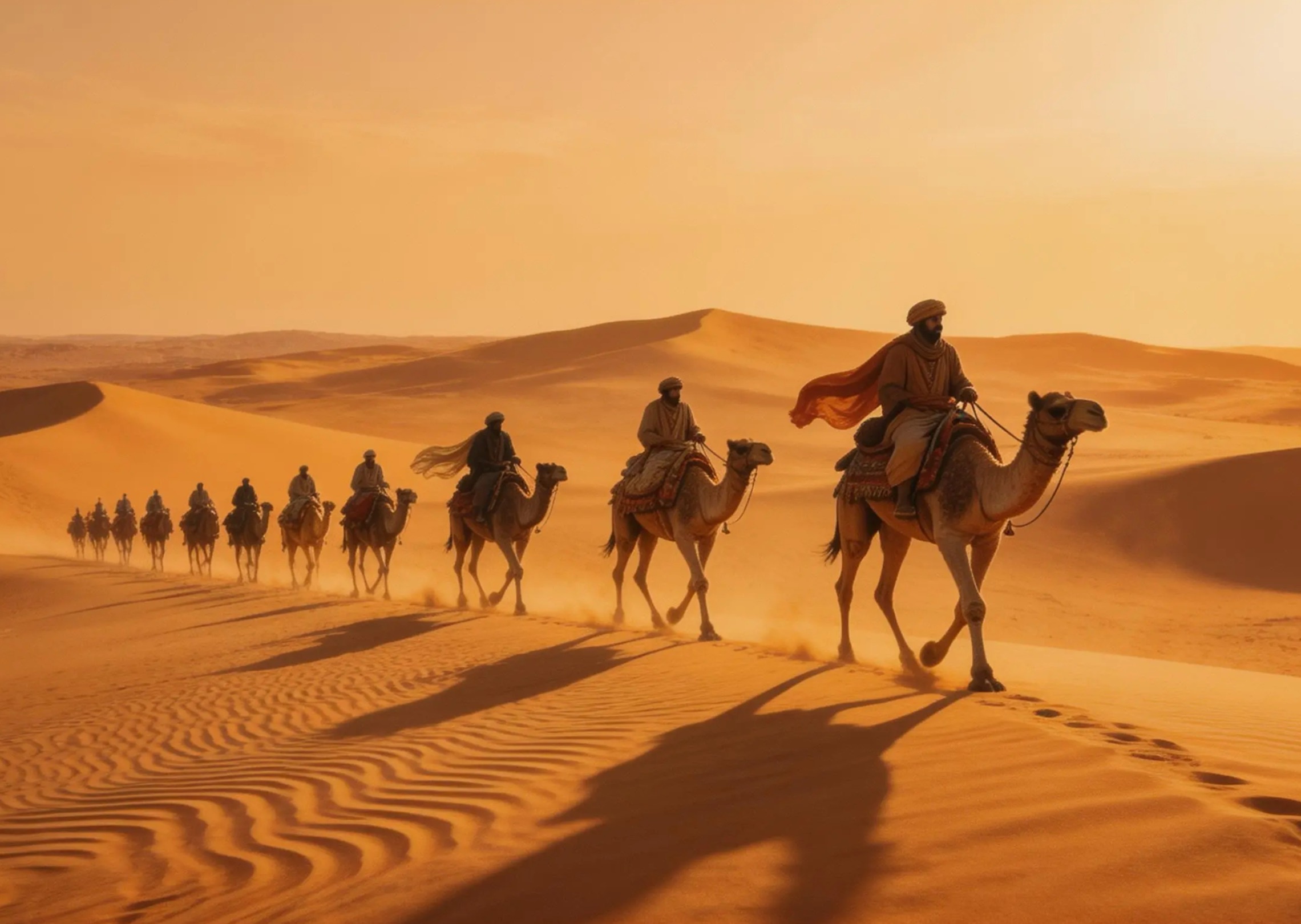 A desert nomad caravan crossing golden dunes, dramatic wind patterns, flowing fabrics, long shadows at sunset, epic wide shot, cinematic adventure tone.
