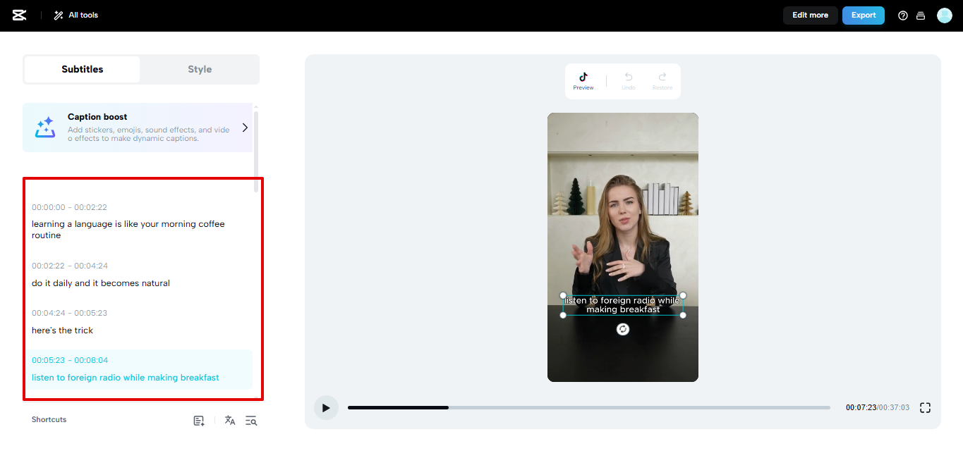 One-click subtitle generation in CapCut Web