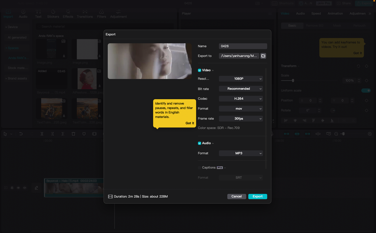 Click "Export"
