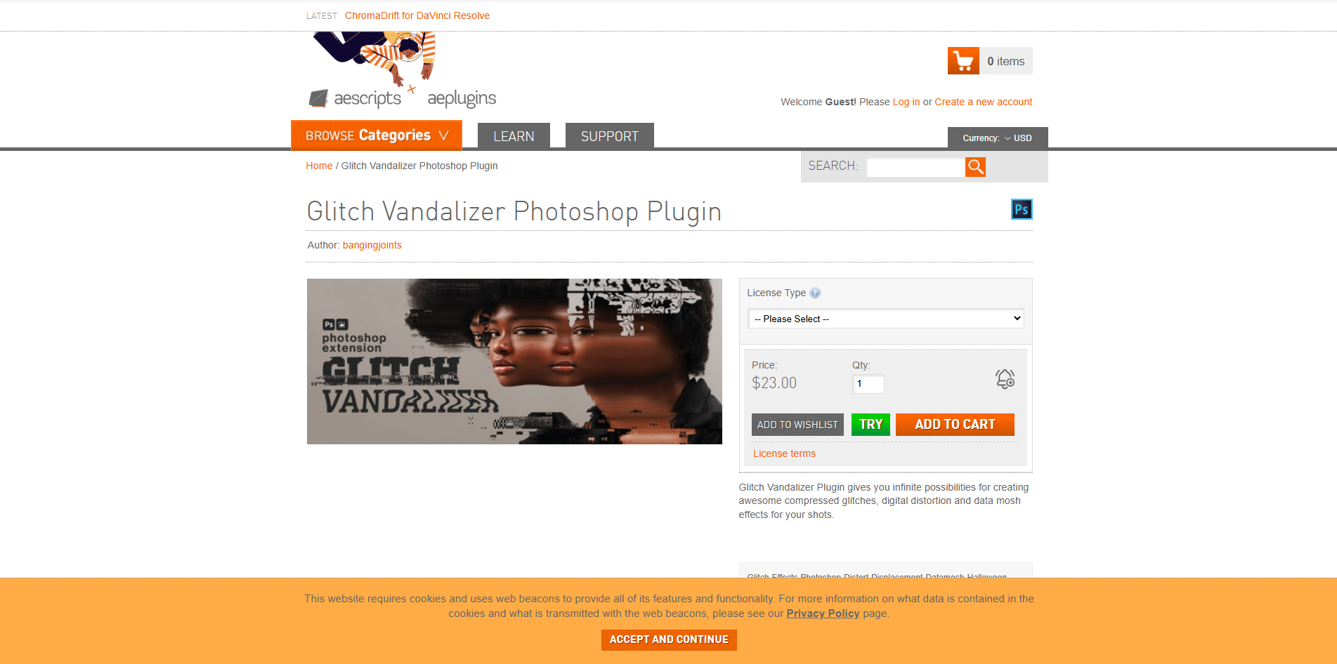 Antara Muka Pemalam Vadalizer Glitch - alat lain untuk membuat kesan glitch dalam Photoshop