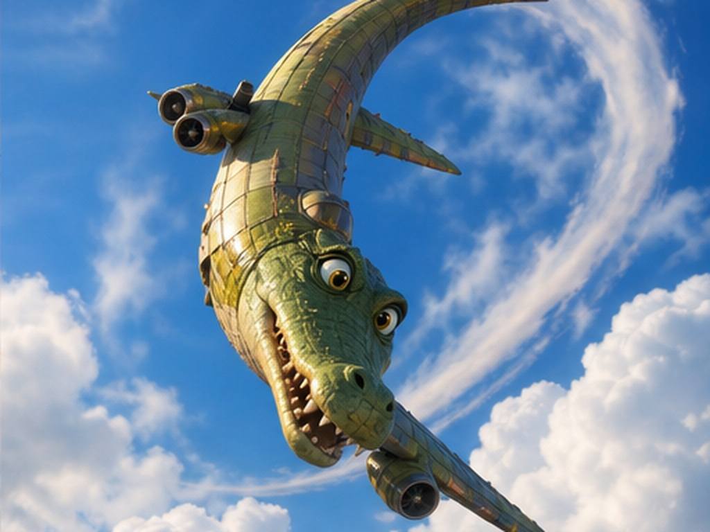 Bombardiro Crocodilo AI Video prompt example 3 - Comic cloud barrel roll