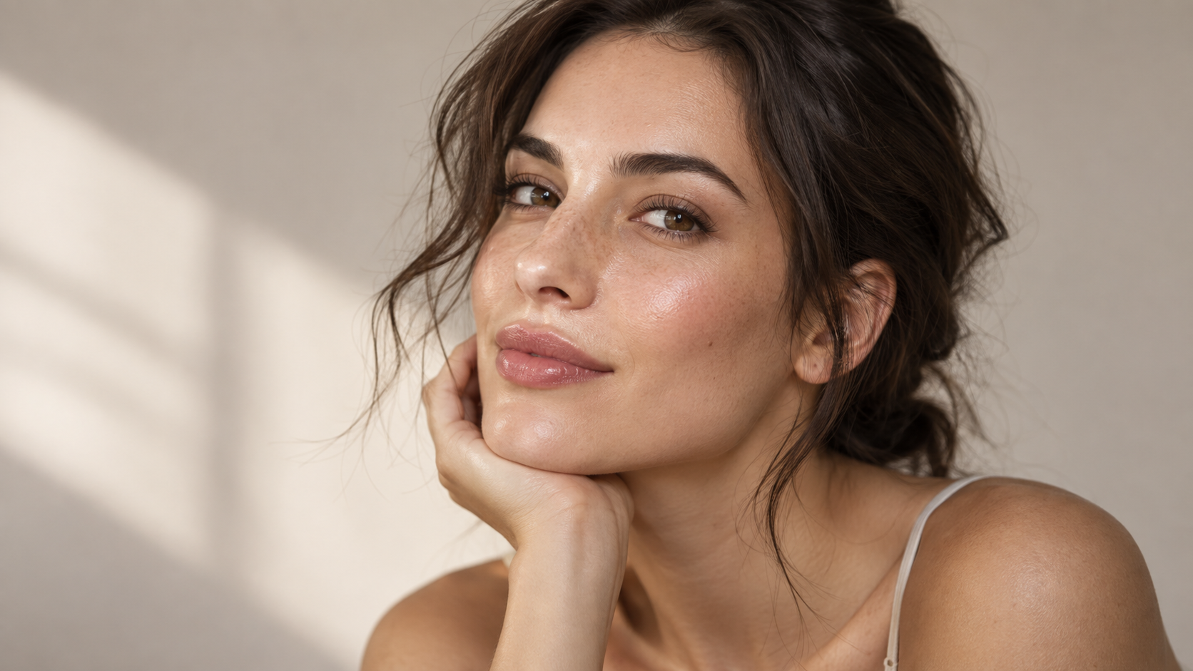 Afișul AI pentru îngrijirea pielii solicită: Dewy Portrait Close-Up