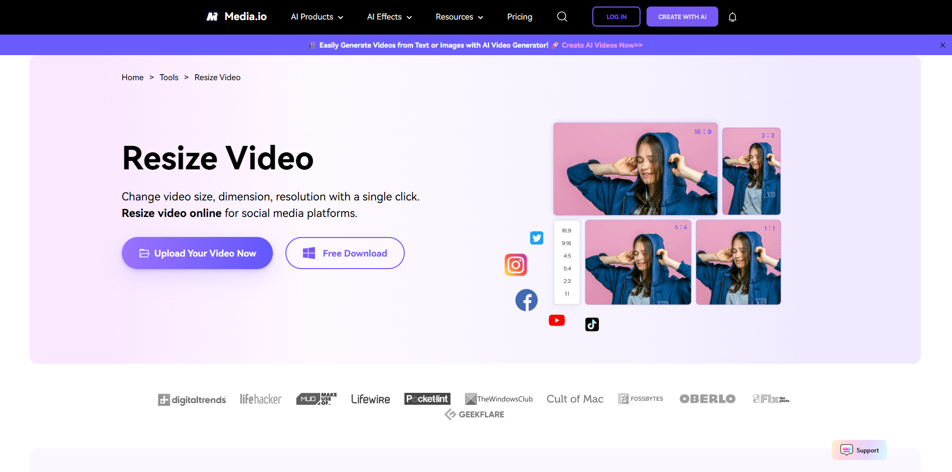 Interface of Media.io - another free online MP4 video resizer