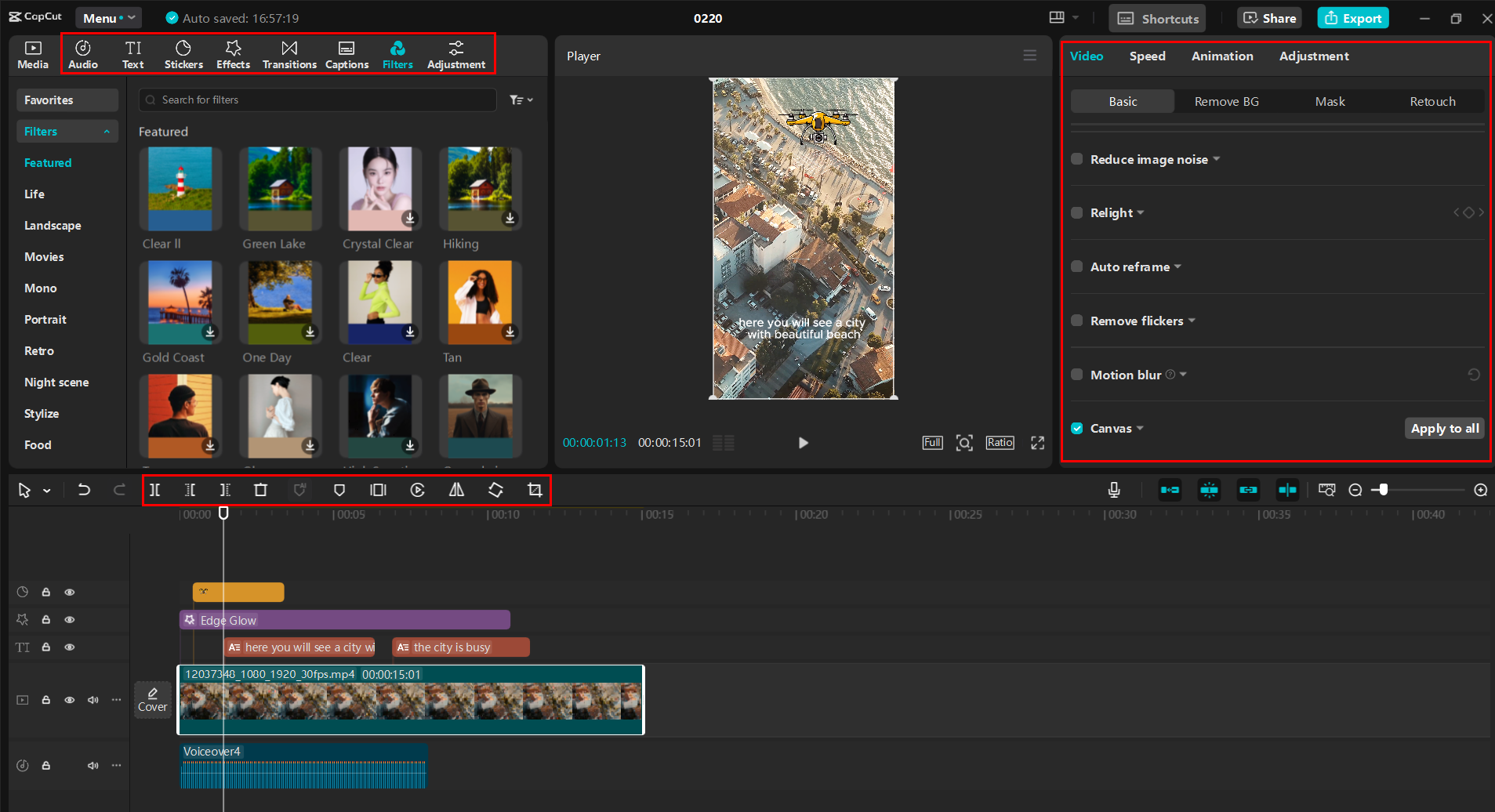 Editing the reel before posting on Instagram with CapCut's AI features