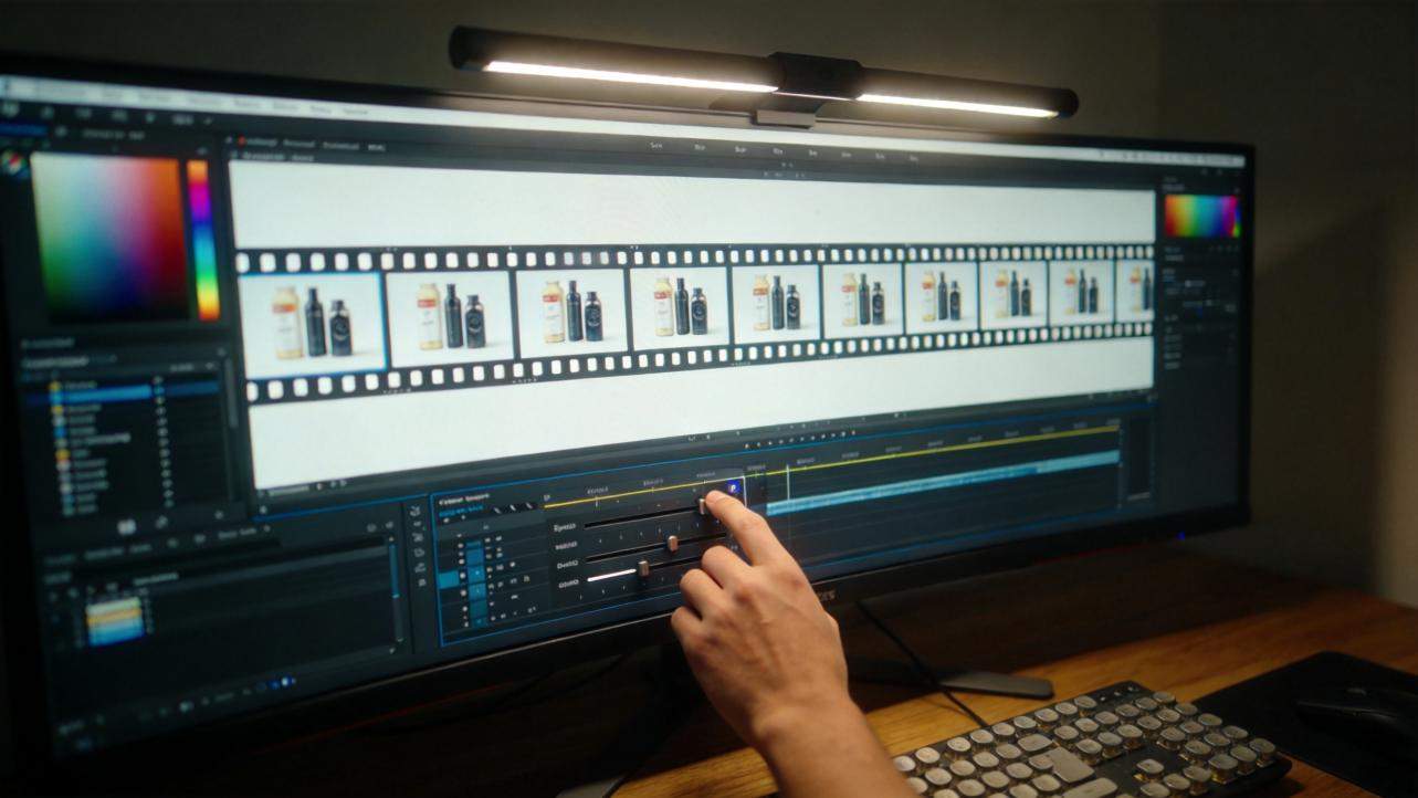 Person editing a filmstrip of product photos on a video editing timeline