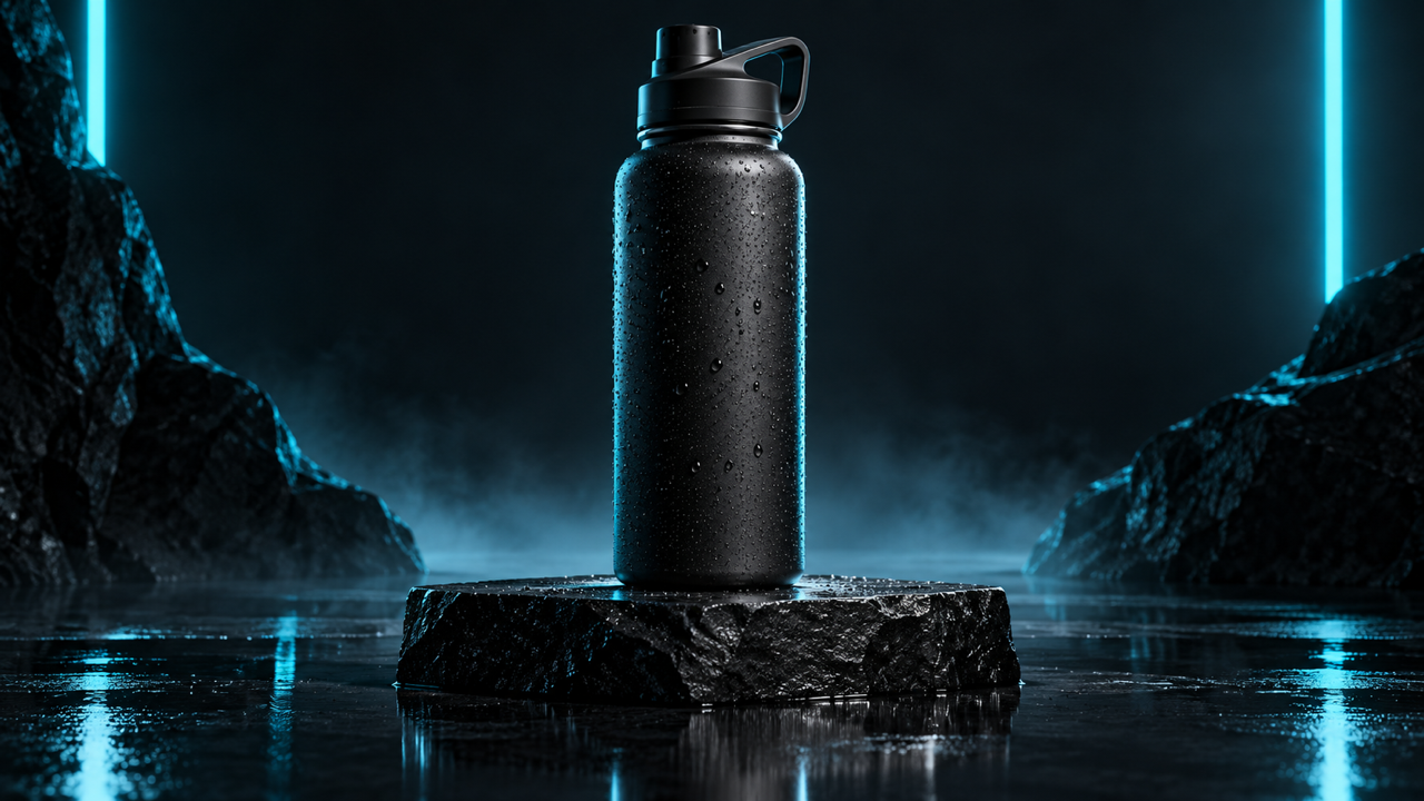 Unbranded matte black sports bottle on a black stone plinth, electric cyan edge lighting in a dark premium studio, clean three-quarter product composition.