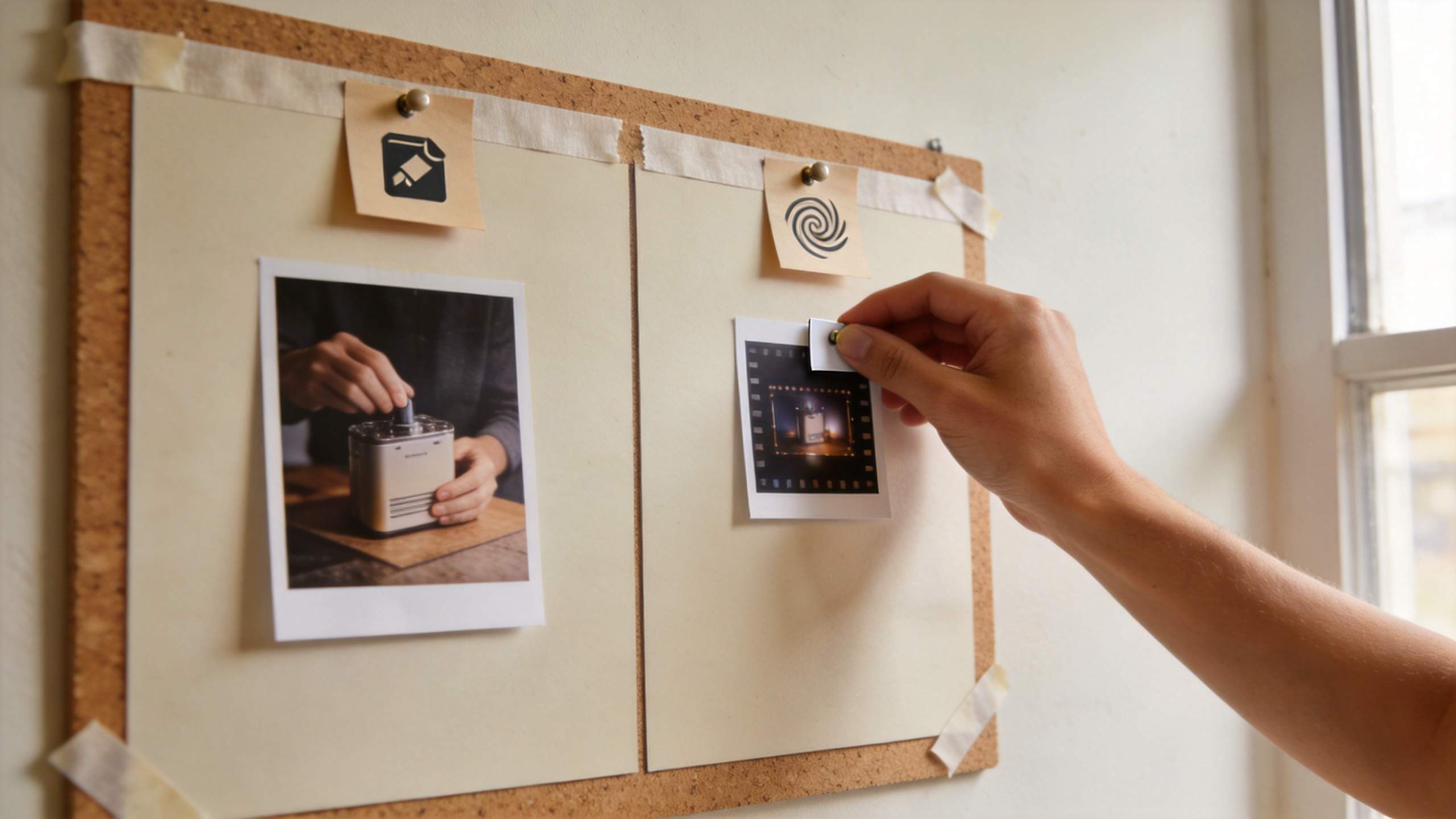 Hand pinning a small photo to a corkboard beside another pinned image