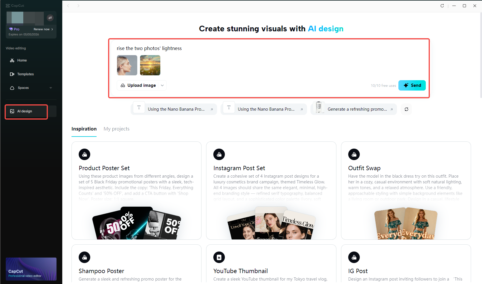 Upload both photos to the CapCut AI design tool