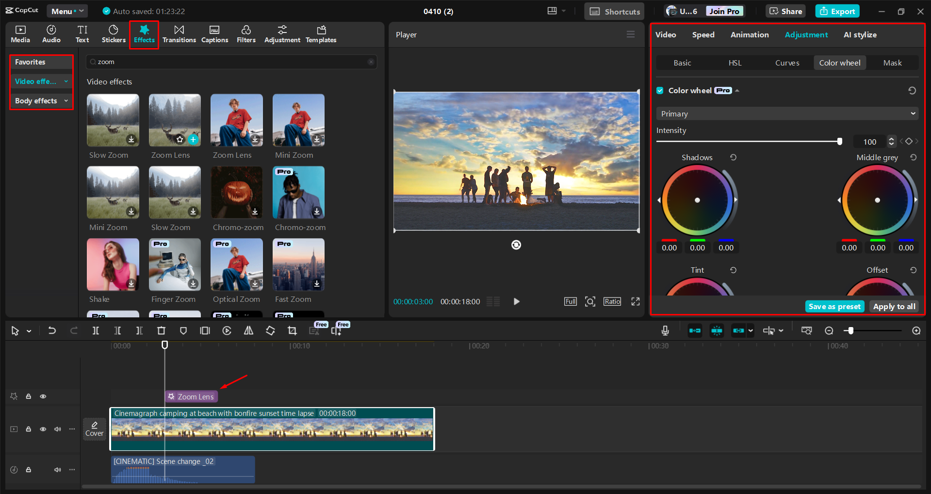 Applying a zoom effect to a video in the CapCut desktop video editor