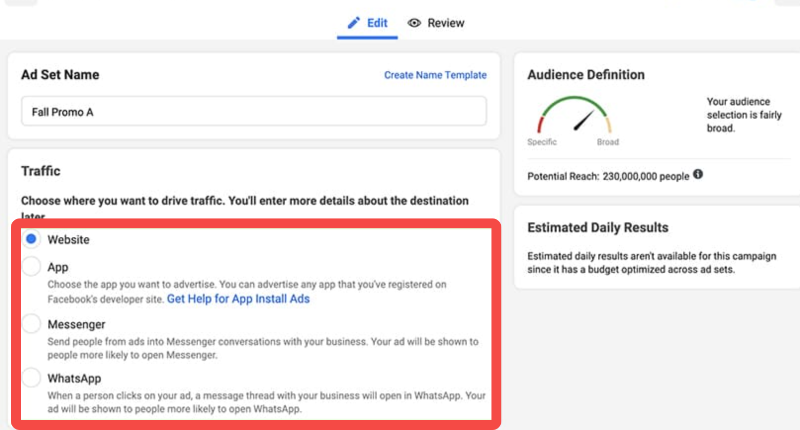 Choosing the audience and ad budget in Facebook Ads Manager