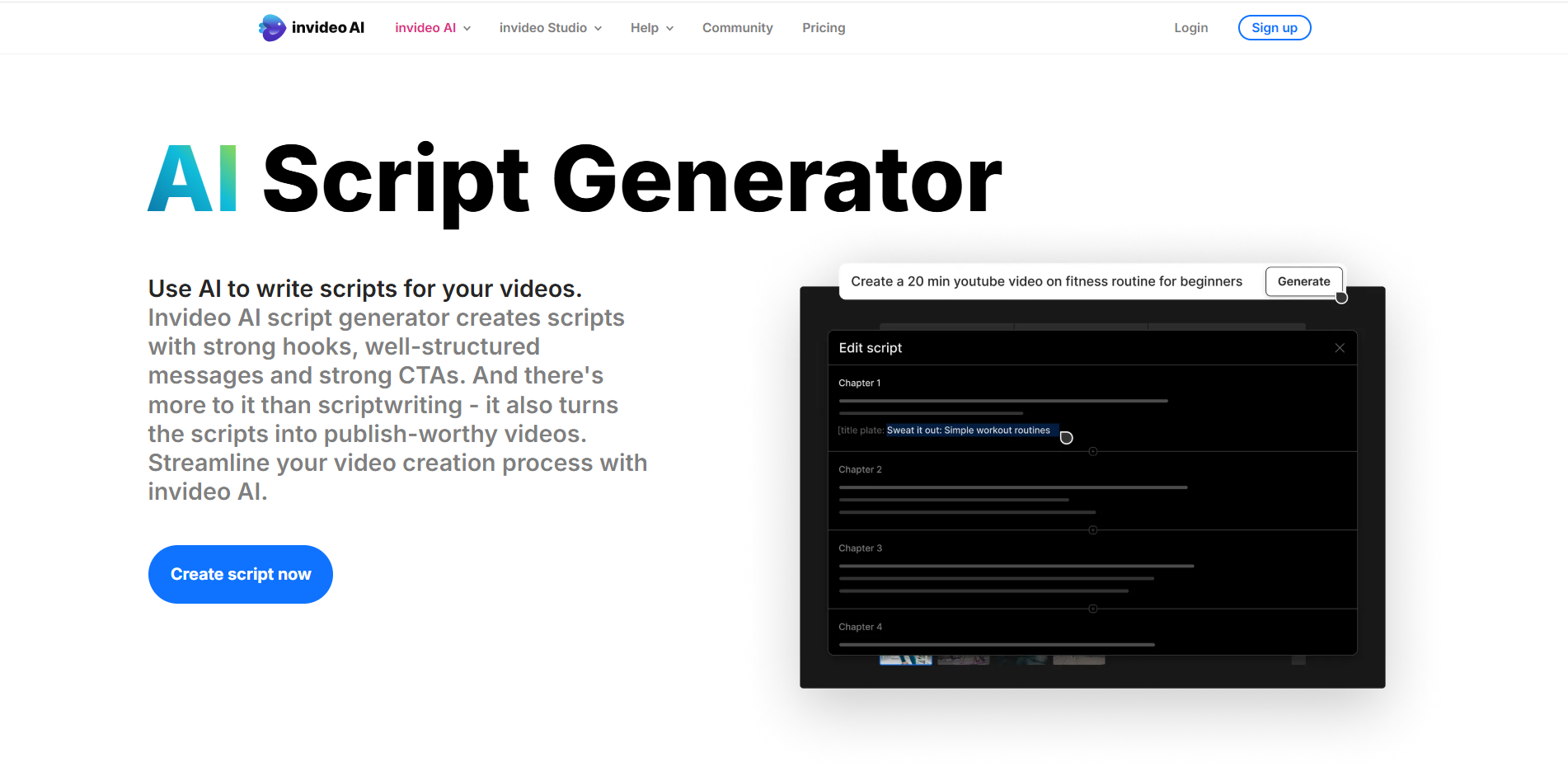 Interface ng Invideo AI - isang instant video script generator