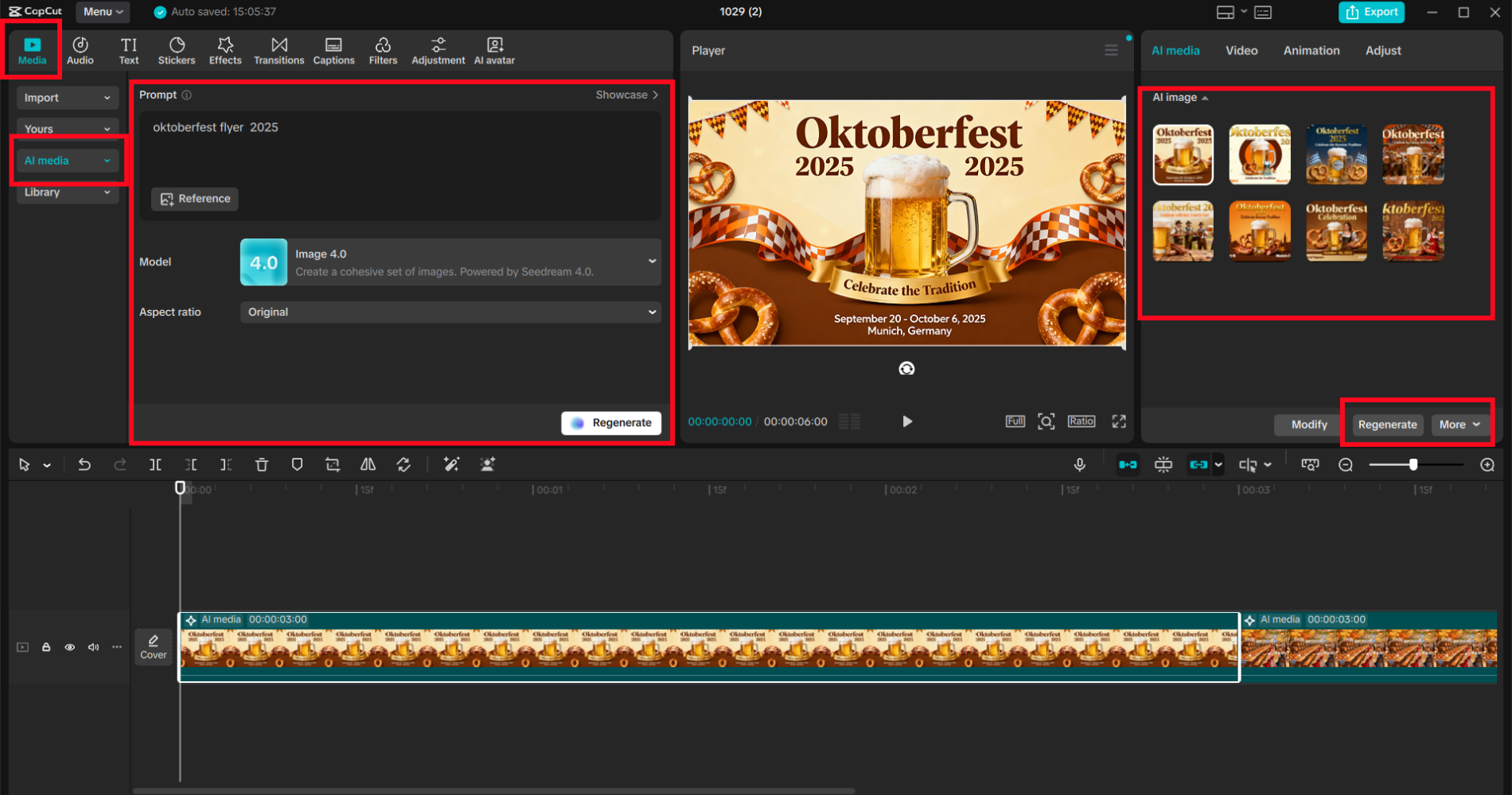 CapCut interface showing the AI media section to  generate a free Oktoberfest flyer
