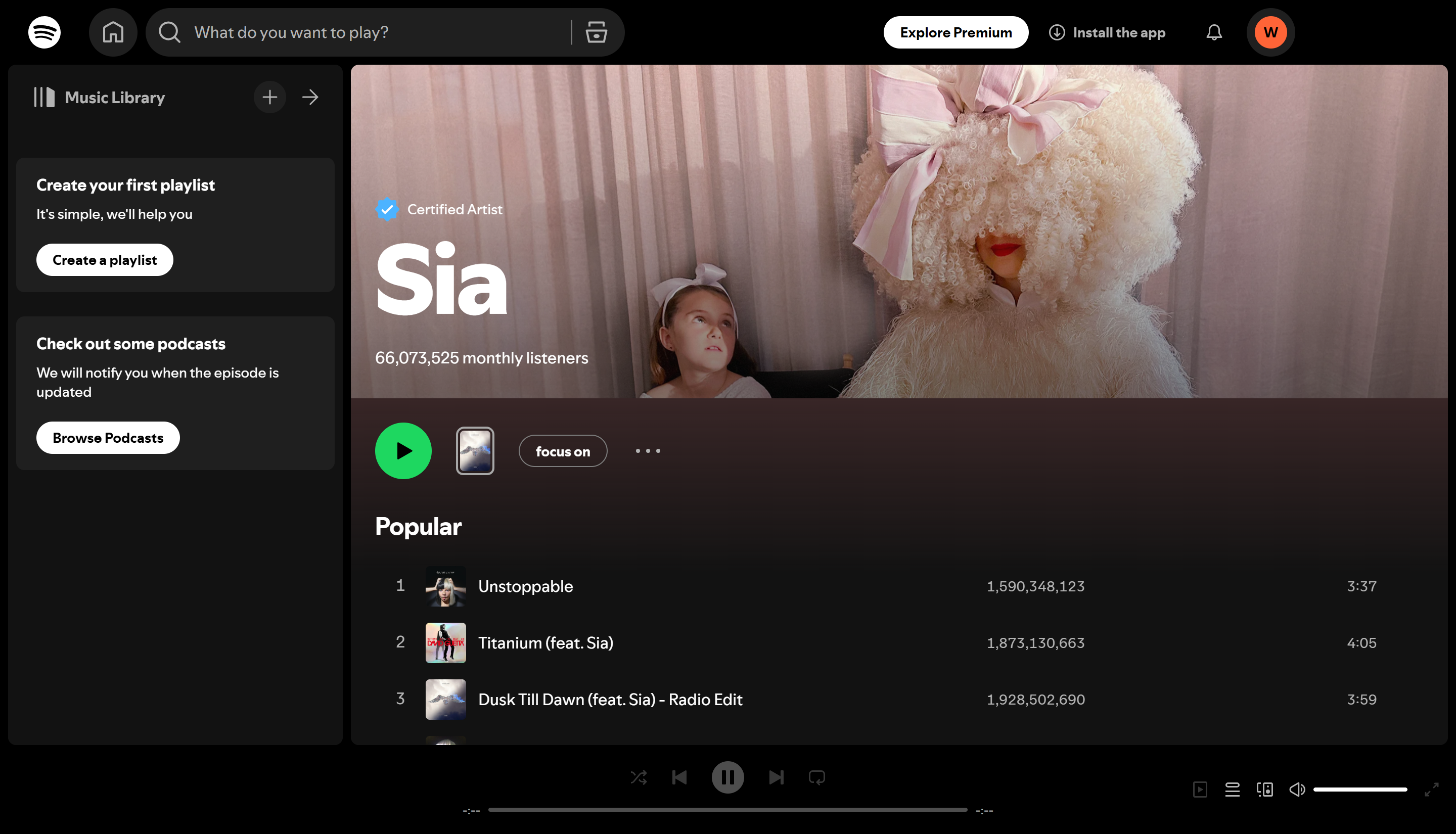 Sia - another most streamed female artist on Spotify