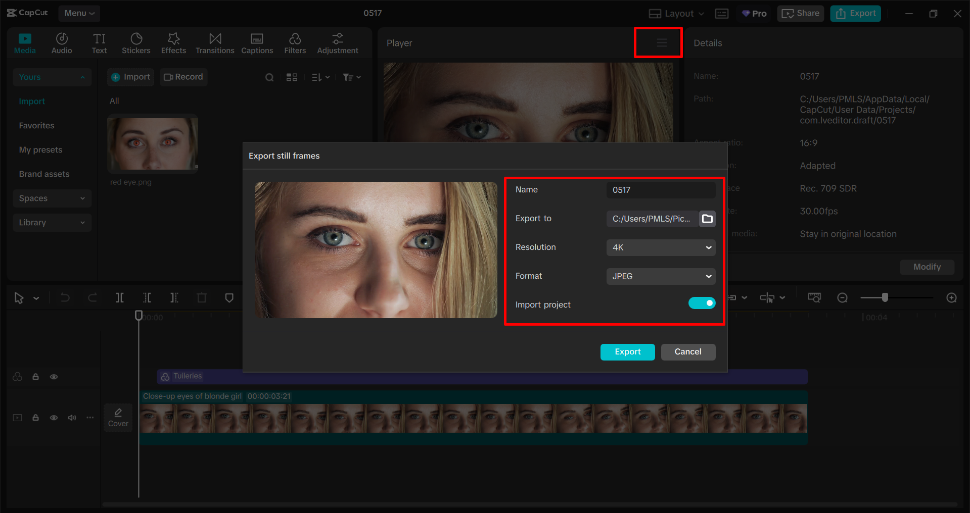 Exportieren des Bildes aus dem CapCut Desktop-Video-Editor
