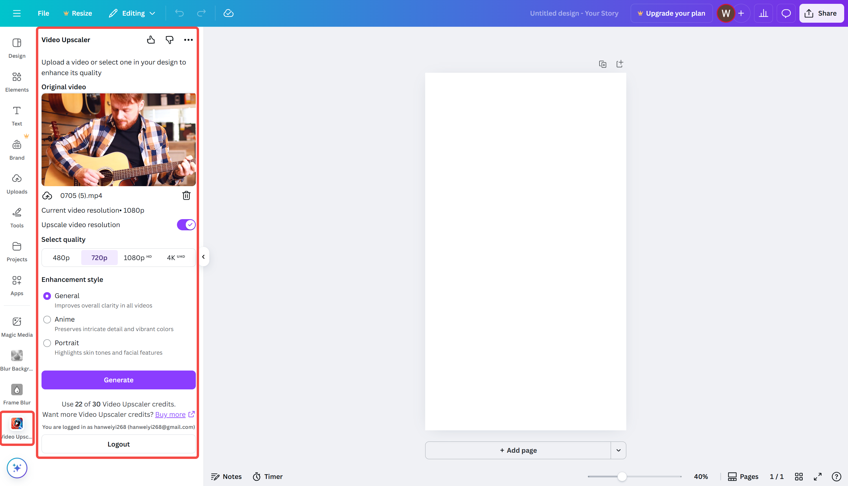 Showing how to upscale video quality in Canva