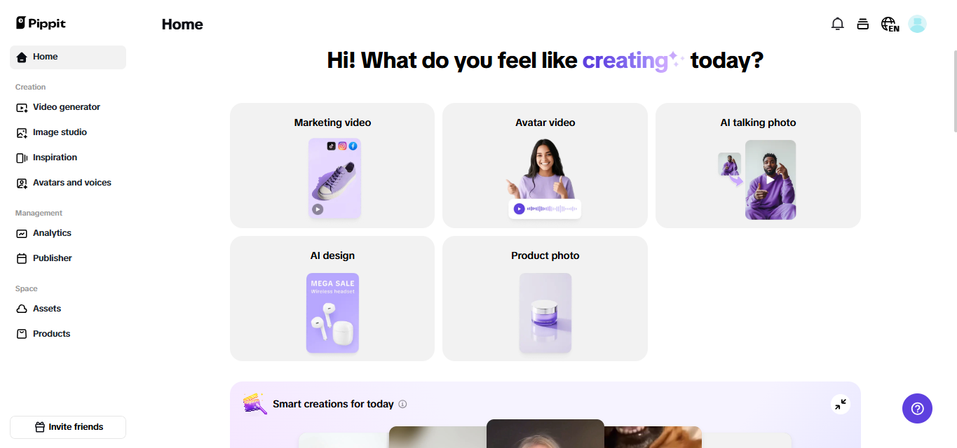 Pippit AI 홈 화면