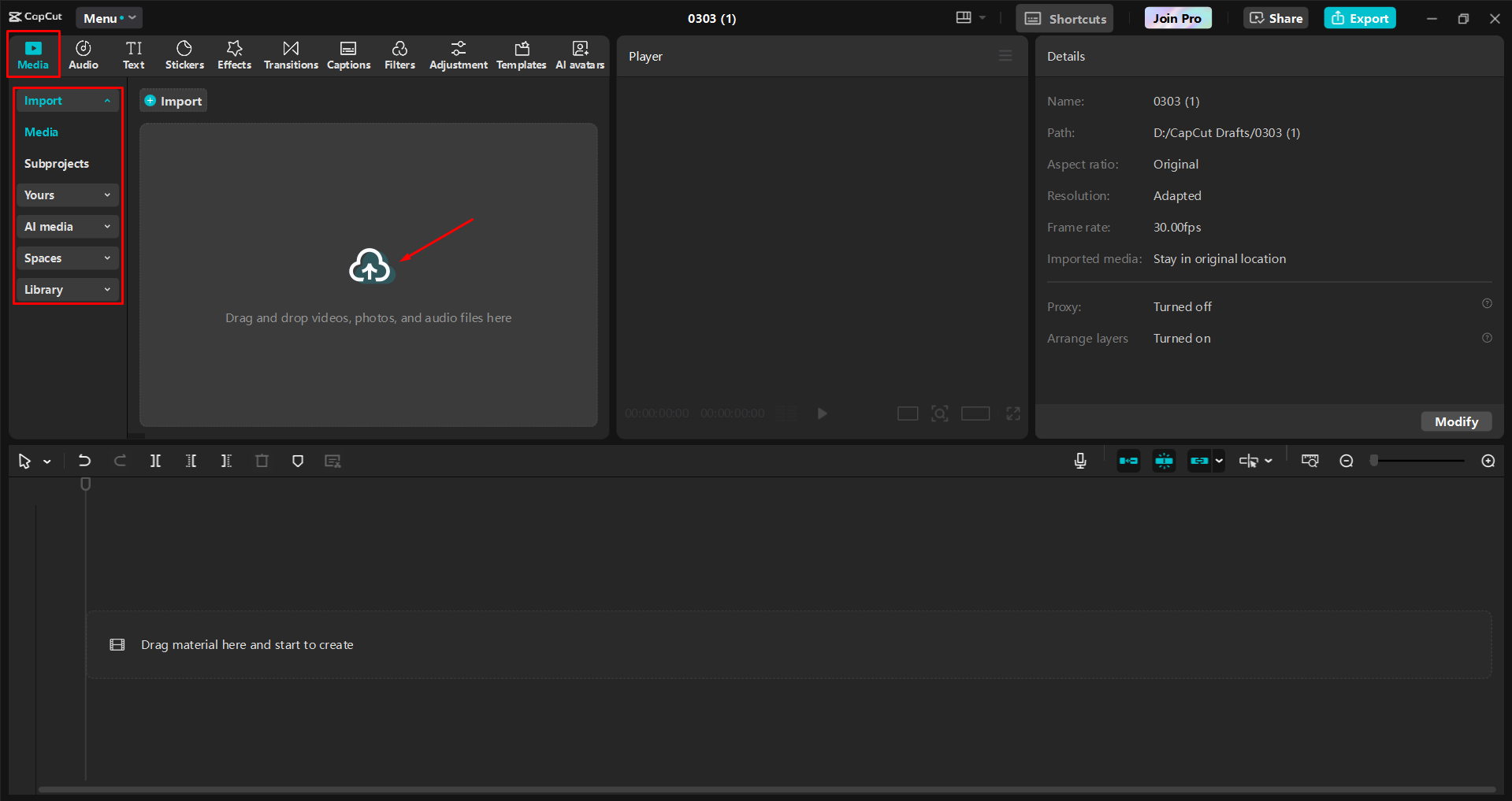 Importing a video into the CapCut desktop video editor