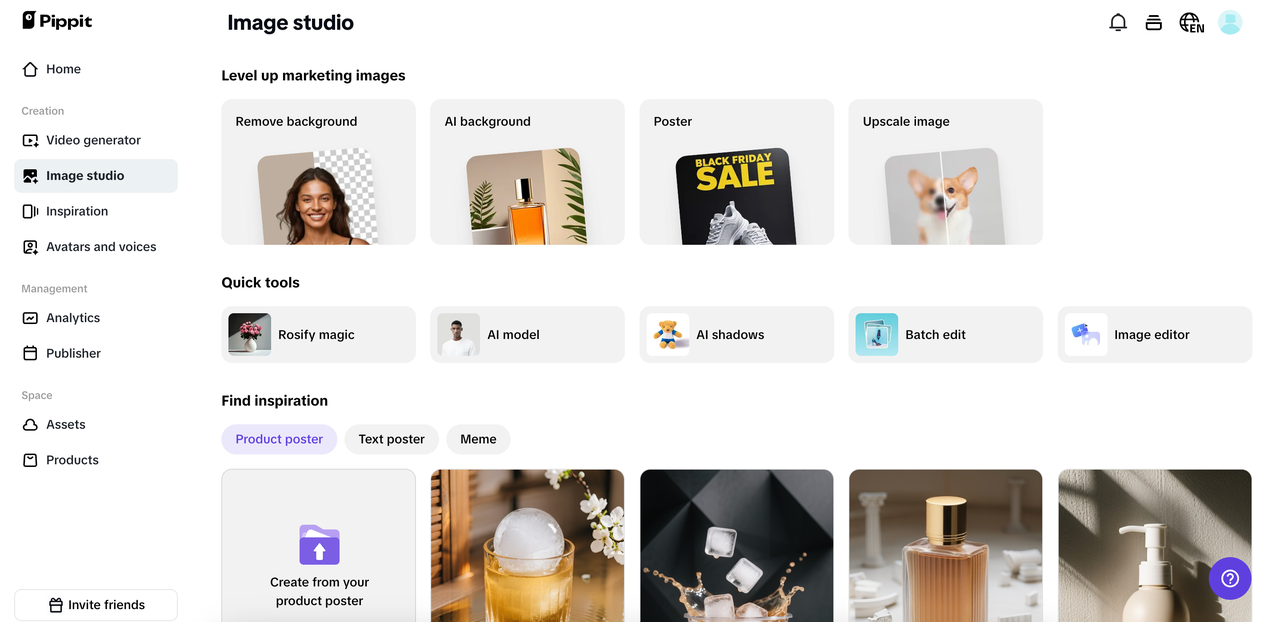 Painel do estúdio de imagens do Pippit