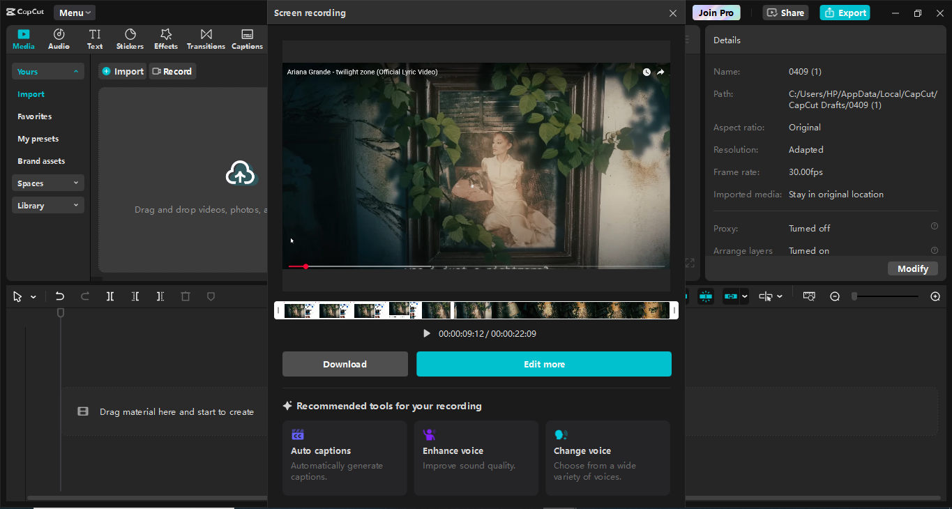 Interface of the CapCut desktop video editor - the best tool to record a laptop screen