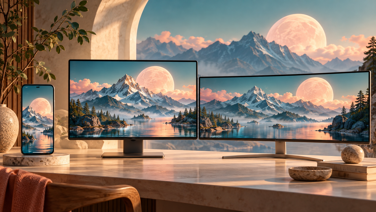 A mountain-and-moon wallpaper across phone and monitor formats