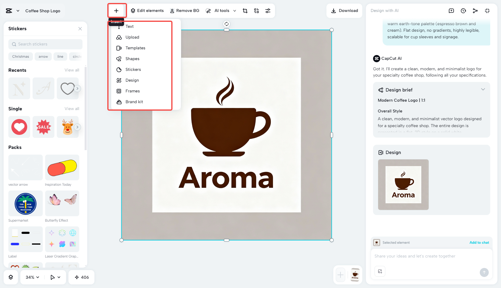 Editing and enhancing the AI-generated logo design in CapCut