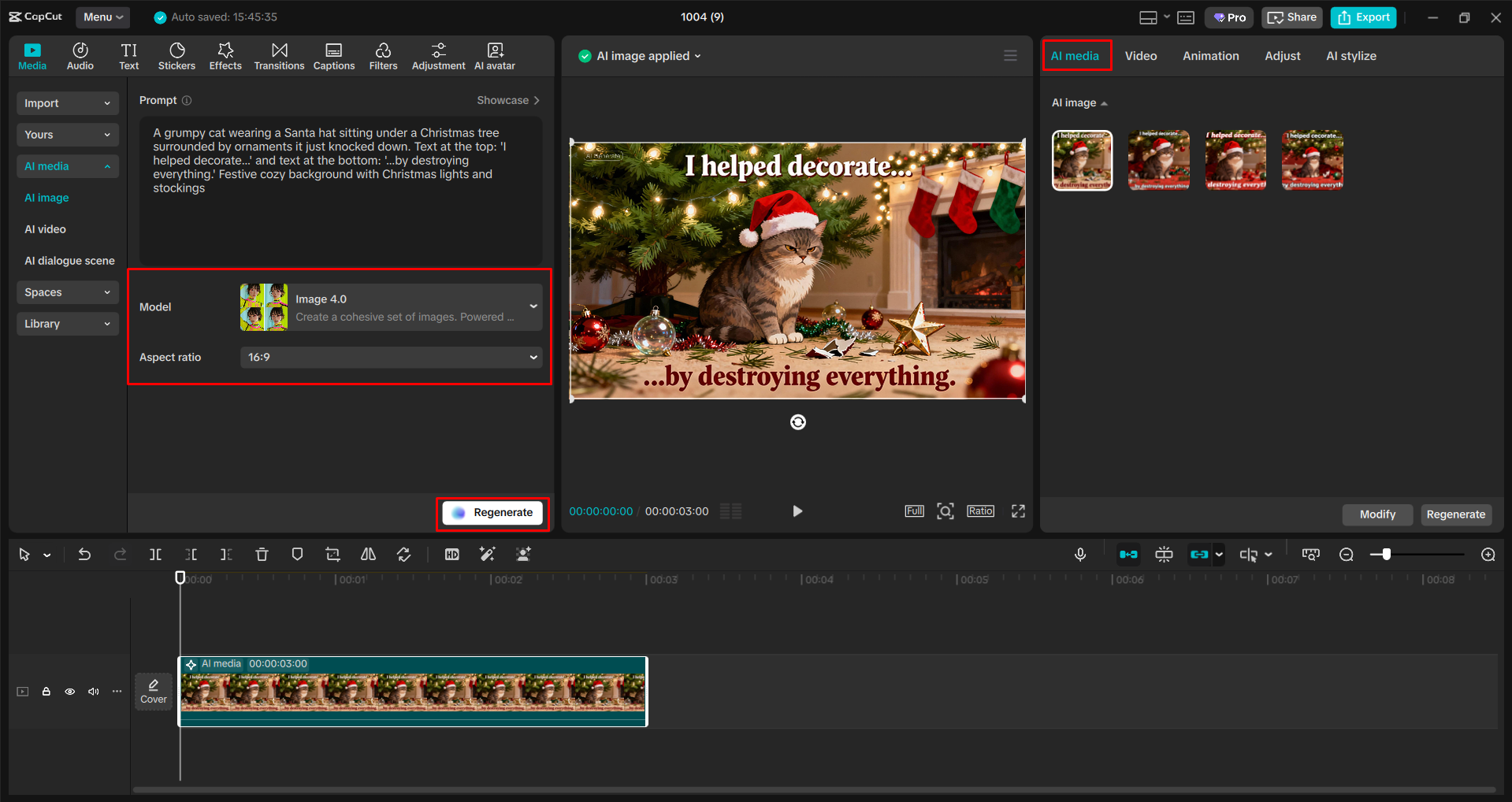Converting text to Christmas cat memes with CapCut's AI image tool