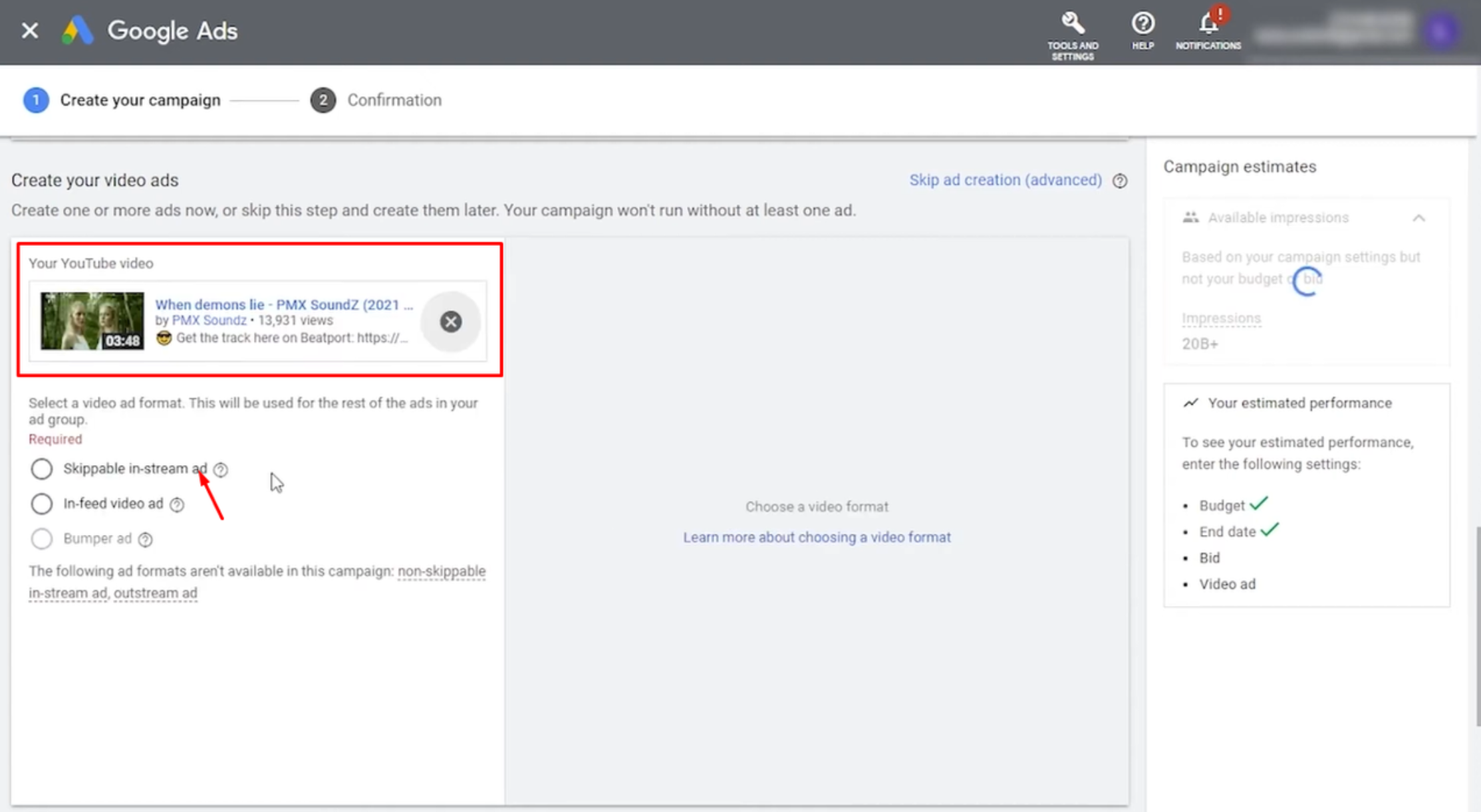Coller l'URL de la vidéo musicale YouTube sur la page de configuration de Google Ads.