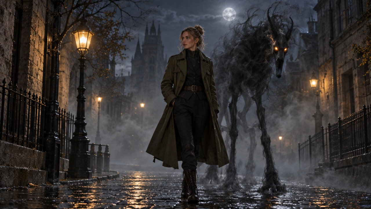 An adult in an olive coat beside a long-legged smoke creature with glowing orange eyes, foggy cobbled street, moonlight and streetlamp
