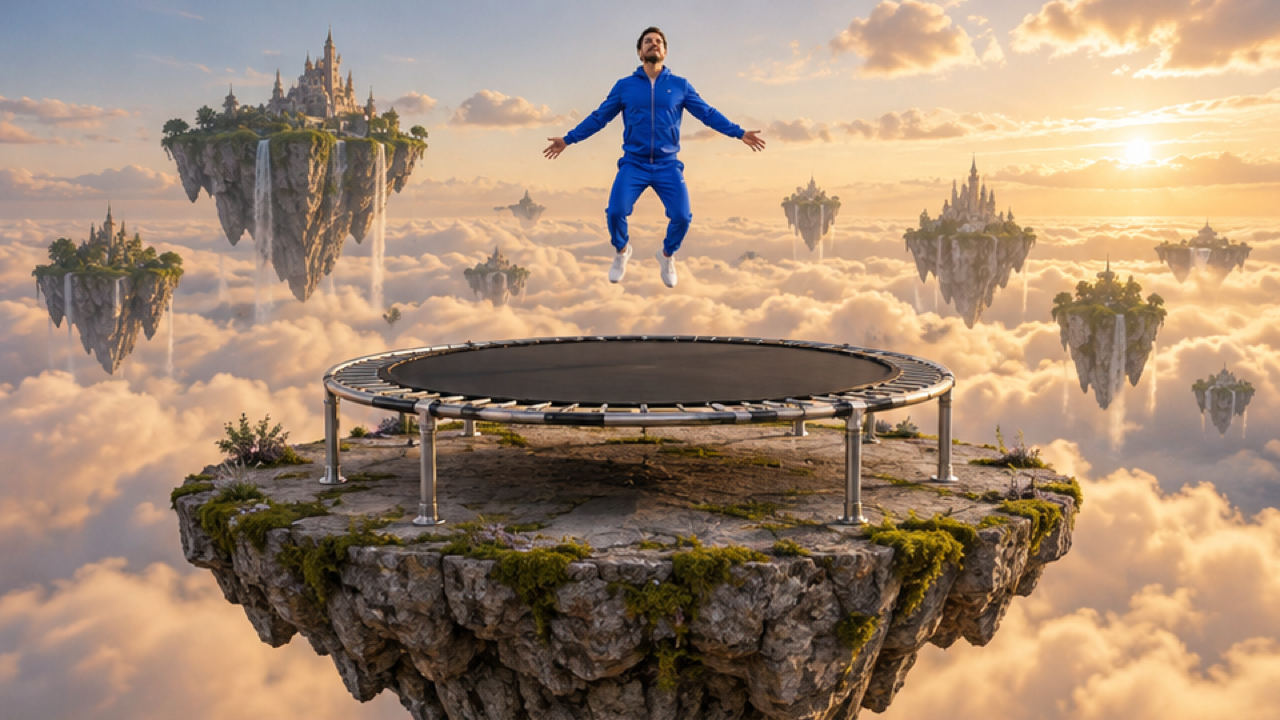 Premium photorealistic cinematic 16:9 STILL keyframe featuring an original adult man in a cobalt tracksuit suspended in a gentle upward jump directly above a large round black trampoline with a fully visible silver frame and four supports, in an impossible floating platform above soft golden clouds. Keep whole person, complete trampoline frame, and floating platform fully inside the composition. Detailed materials, coherent anatomy, balanced cinematic lighting, clean background separation. One coherent scene, no text, logos, watermark.