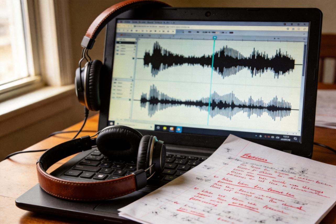 Laptop displaying audio waveforms with headphones and handwritten notes on the desk