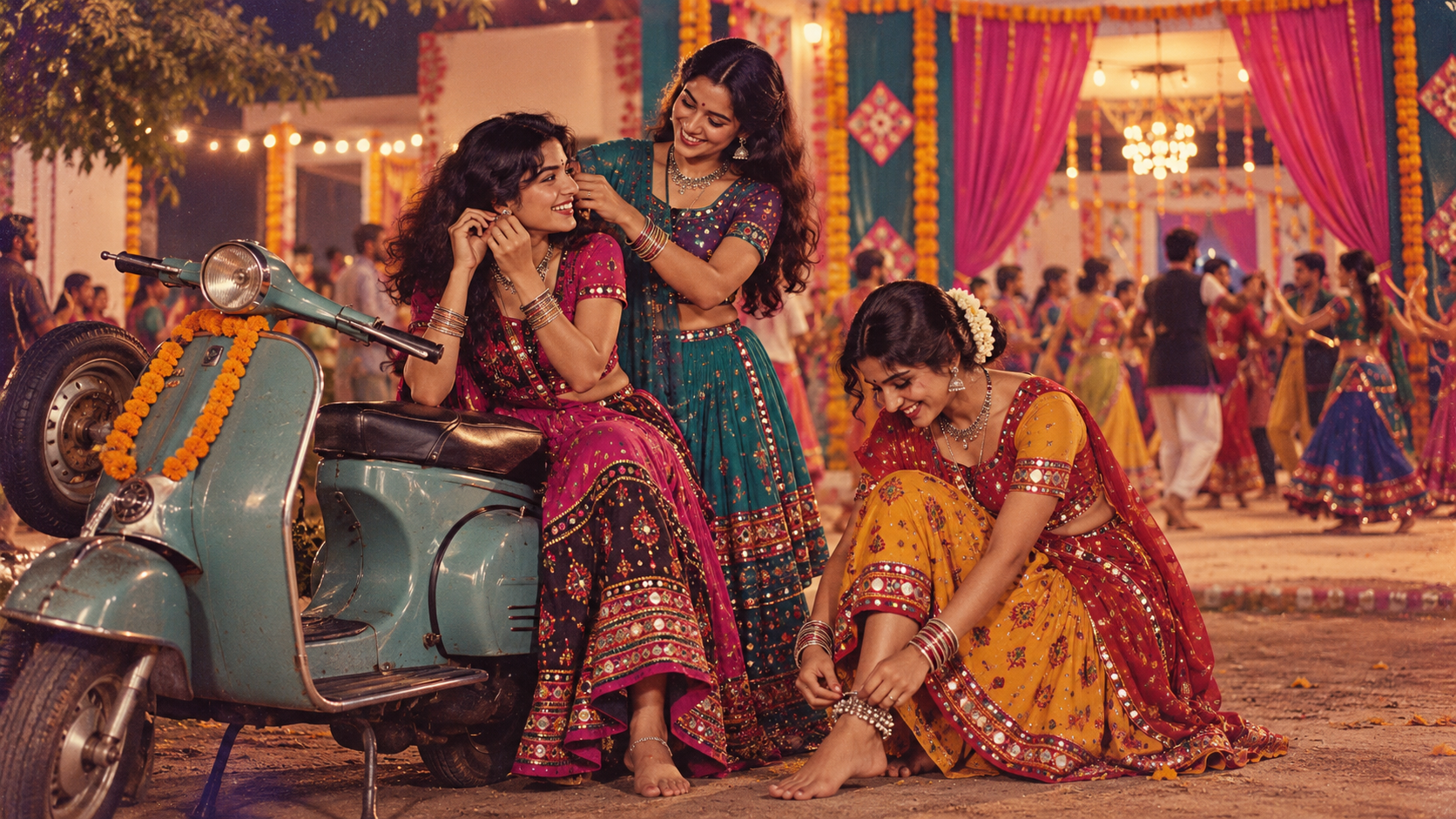 1980s Navratri AI photo prompts: Tatlong Orihinal na Pang-adultong Kaibigan na Naghahanda para sa Garba Beside