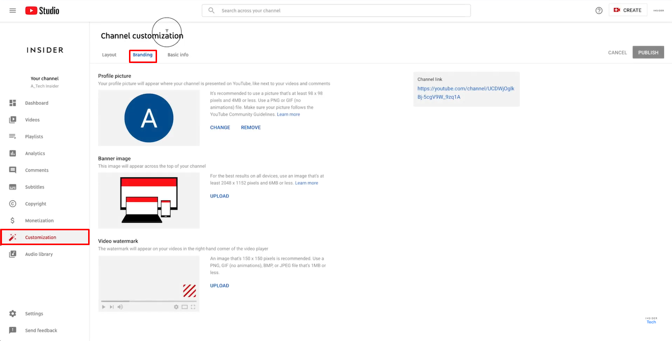Accessing the branding tab on YouTube