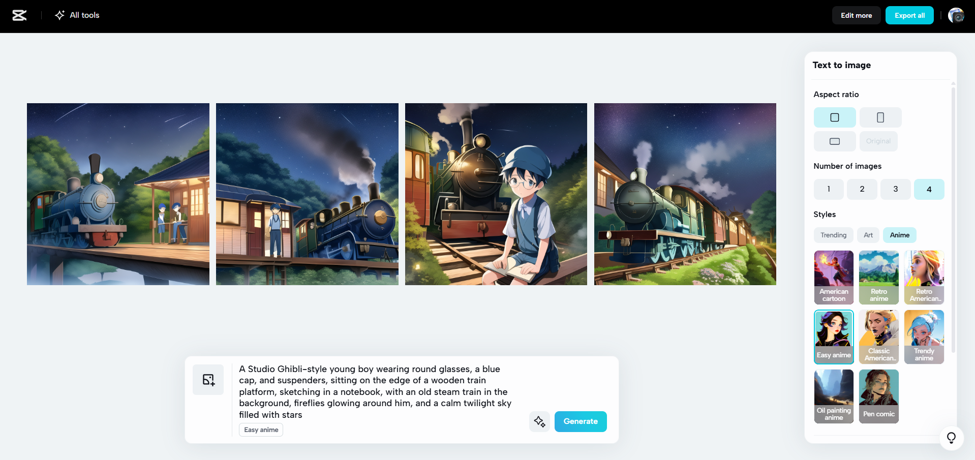 Schnittstelle von CapCut Web – der beste Ghibli-AI-Bildgenerator