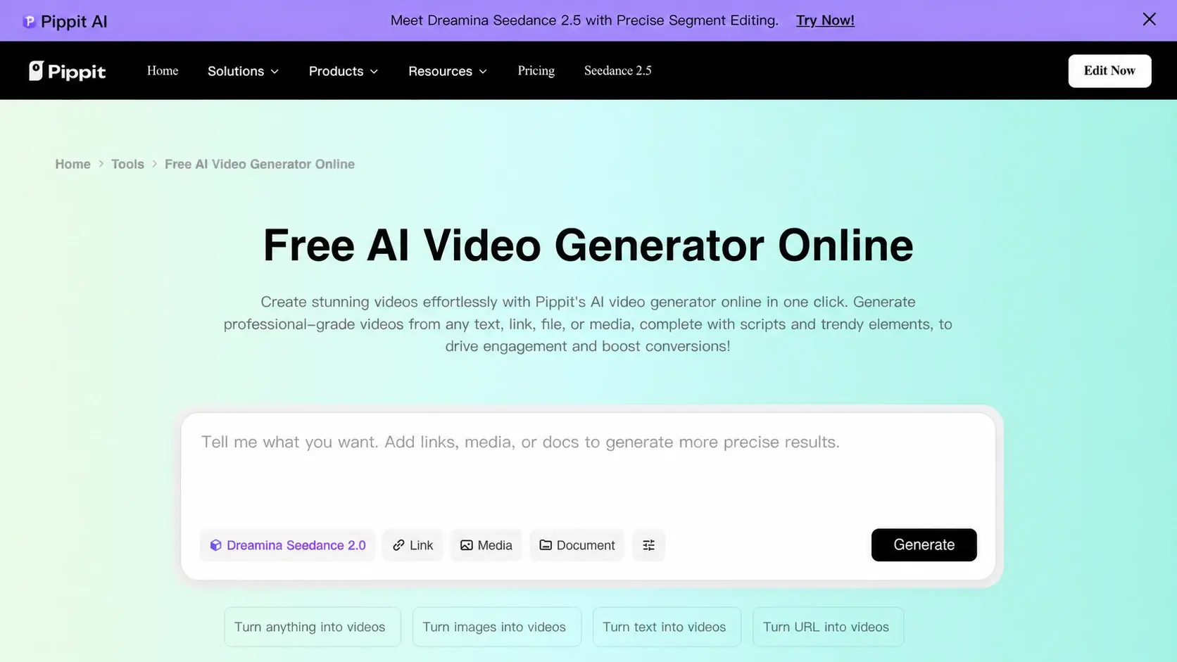 Pippit AI webpage for a free AI video generator with text, link, media, and document options
