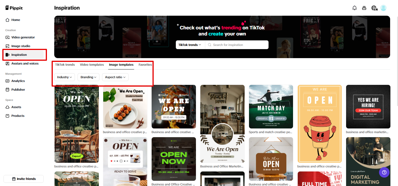 Preset templates in Pippit