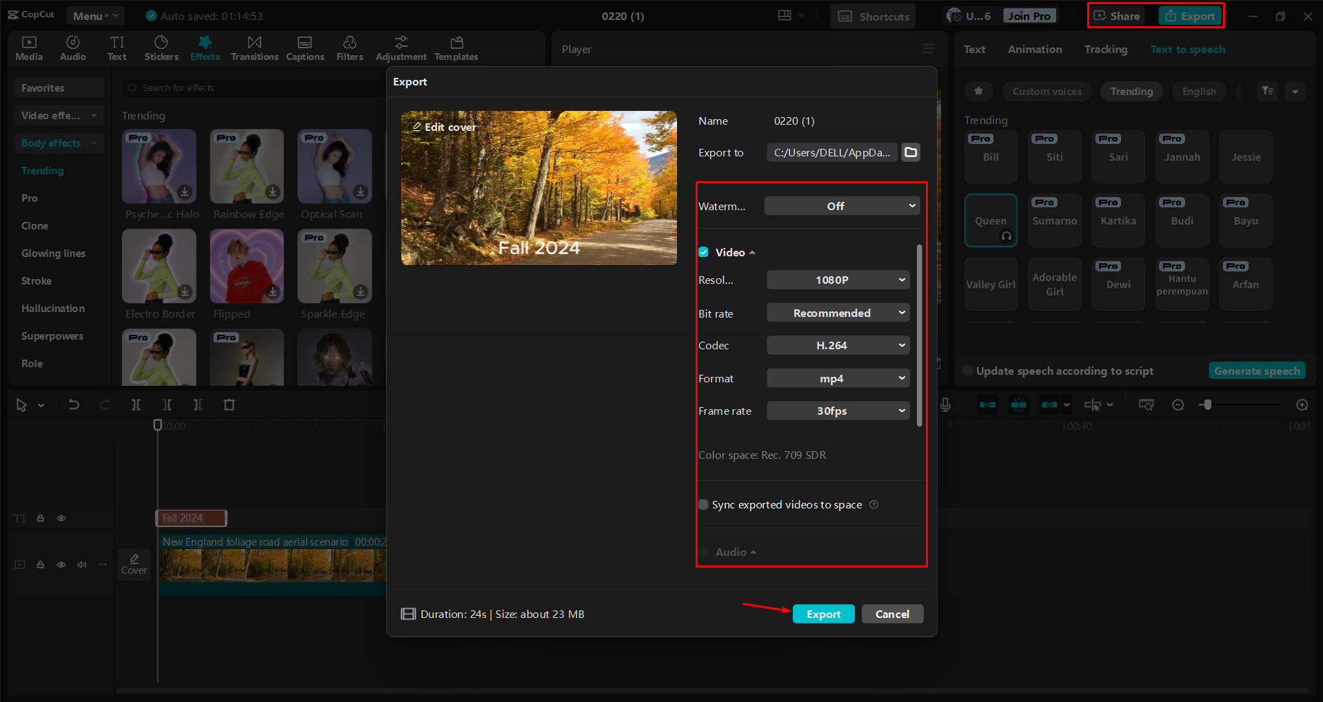 Export videa z editoru videa pro stolní počítače CapCut