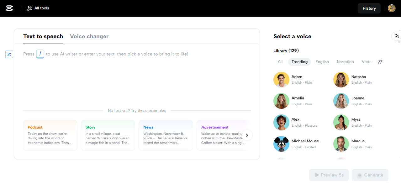 CapCut Web British translate voice tool