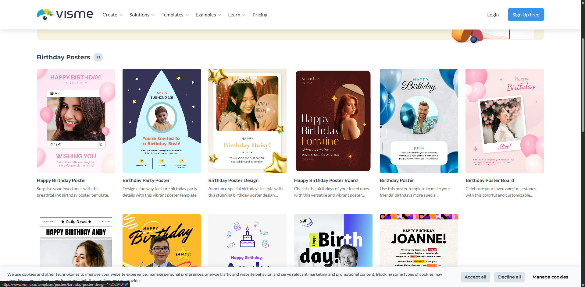 Interface of Visme - another tool to find free birthday poster templates