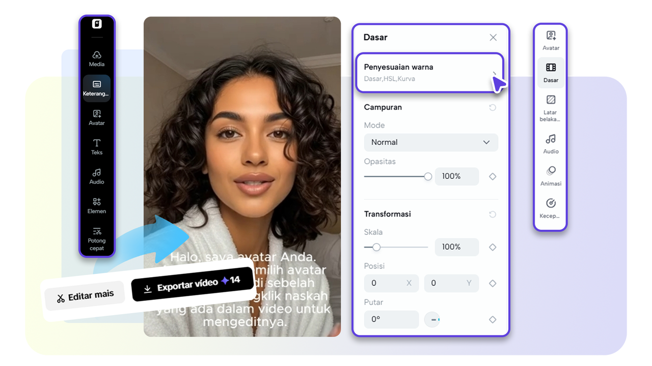 Gunakan alat untuk menyesuaikan pencahayaan dan warna, meningkatkan kualitas video.