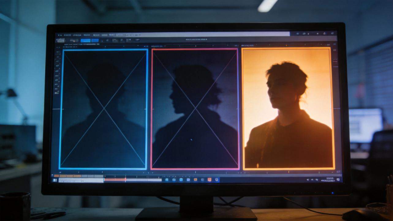 Computer monitor showing a video editor with three silhouette portrait panels