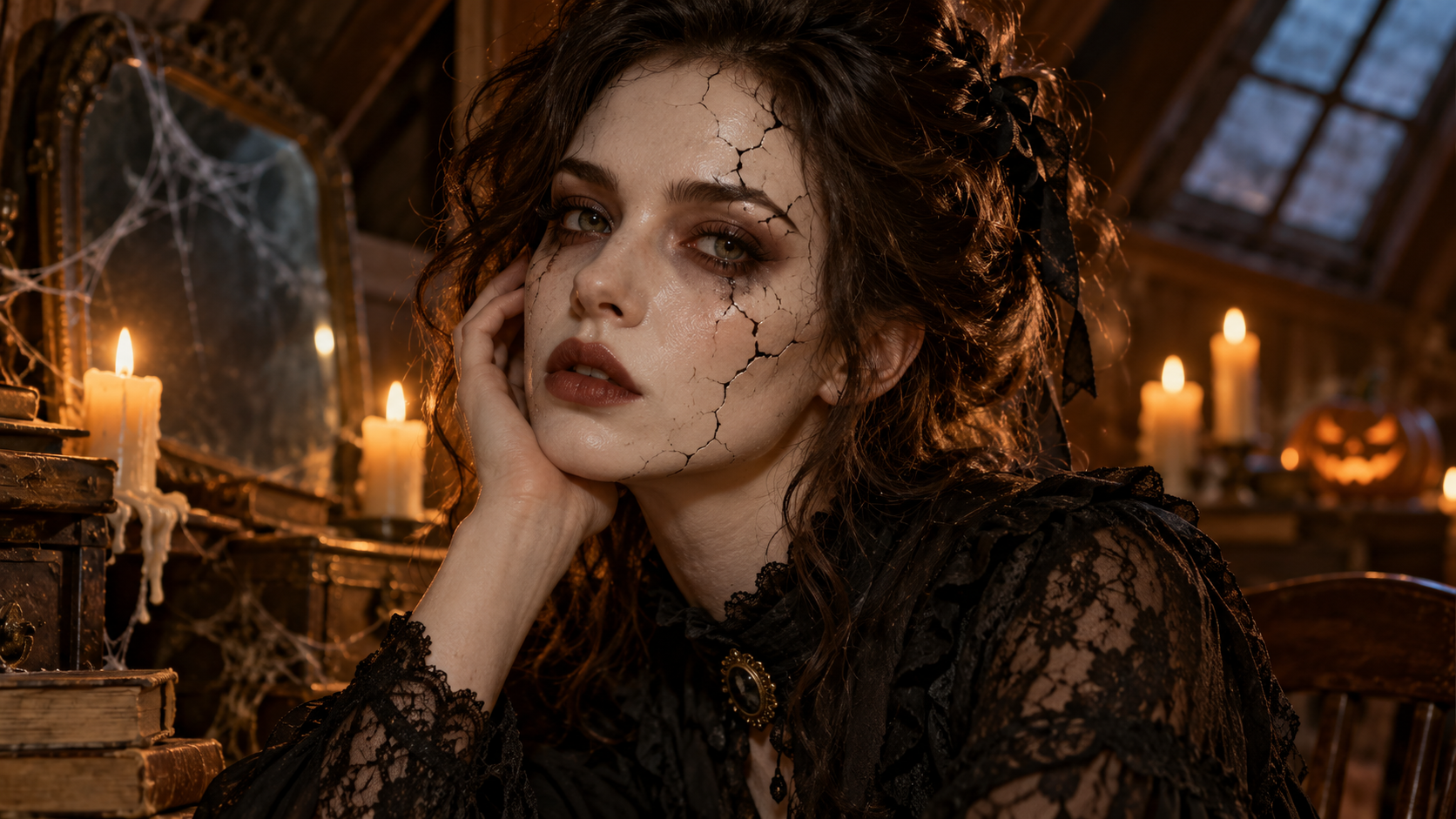 prompt foto Halloween seram: Potret Porselen Retak