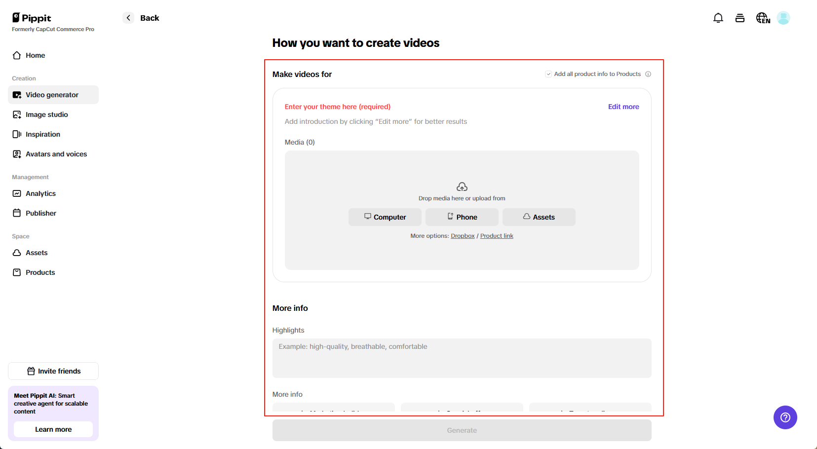 customizing video settings on Pippit