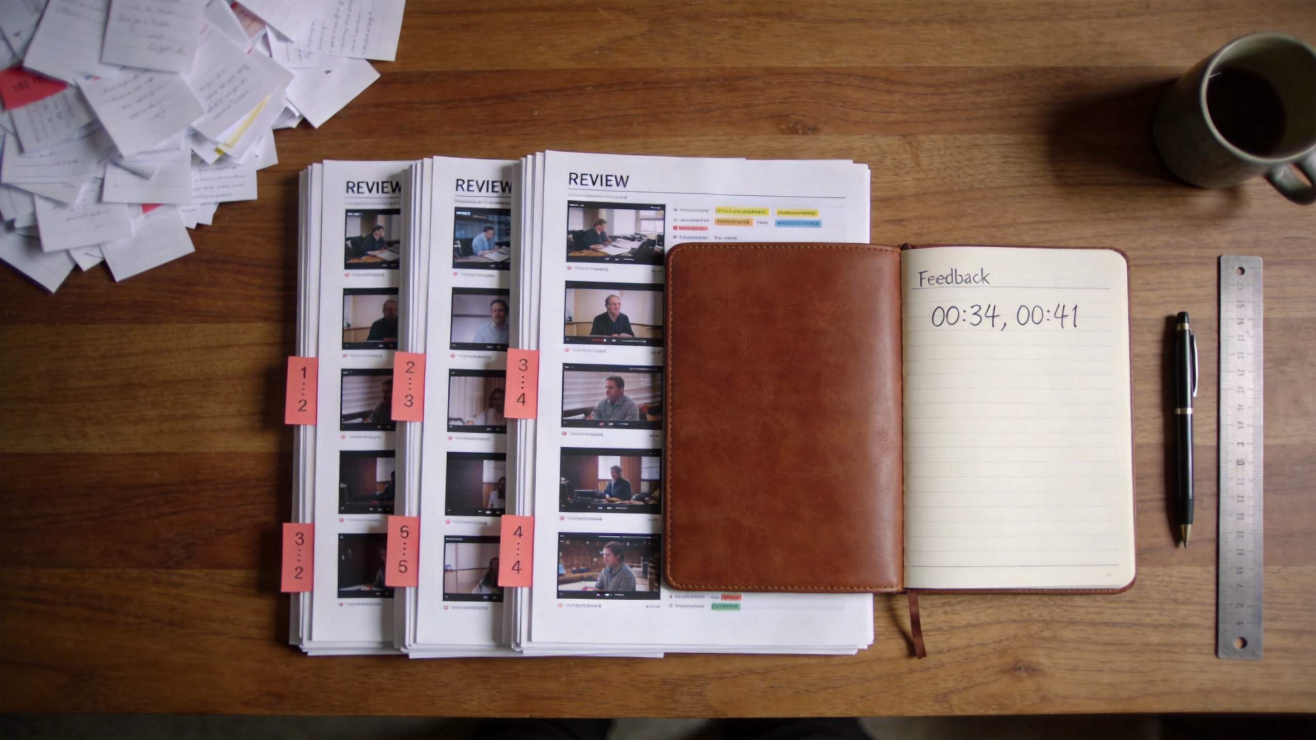Video review pages with numbered tabs, a notebook labeled Feedback, and printed timecodes on a desk