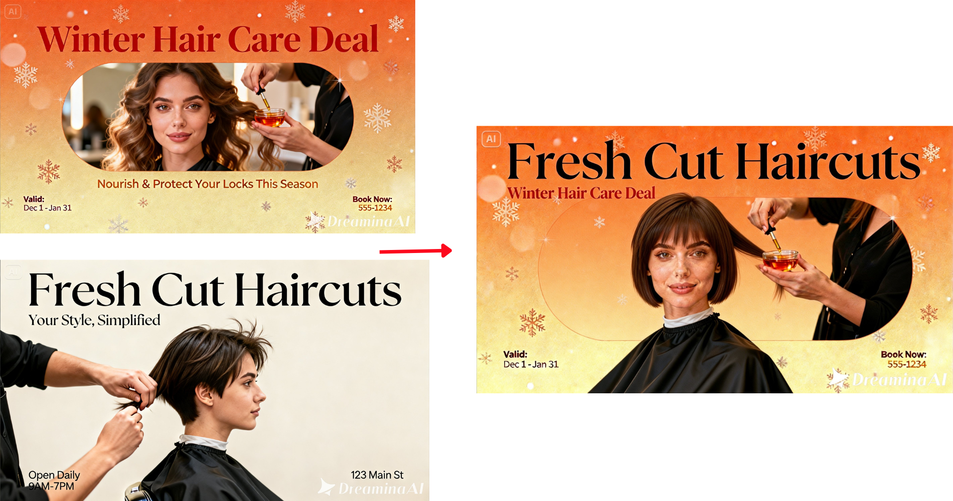 Fusión de imágenes múltiples de dos carteles de salón para crear un solo