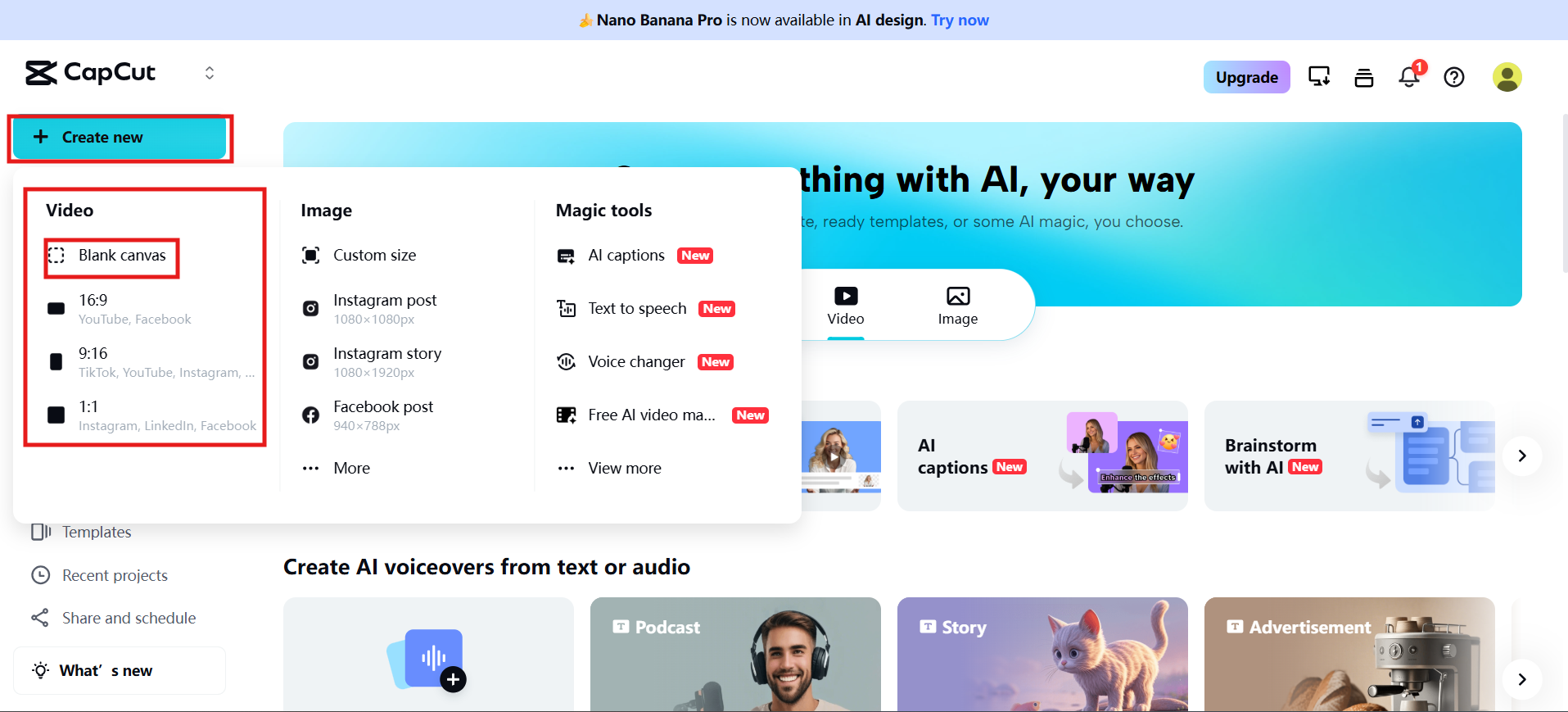 Selecting the frame ratio in CapCut web
