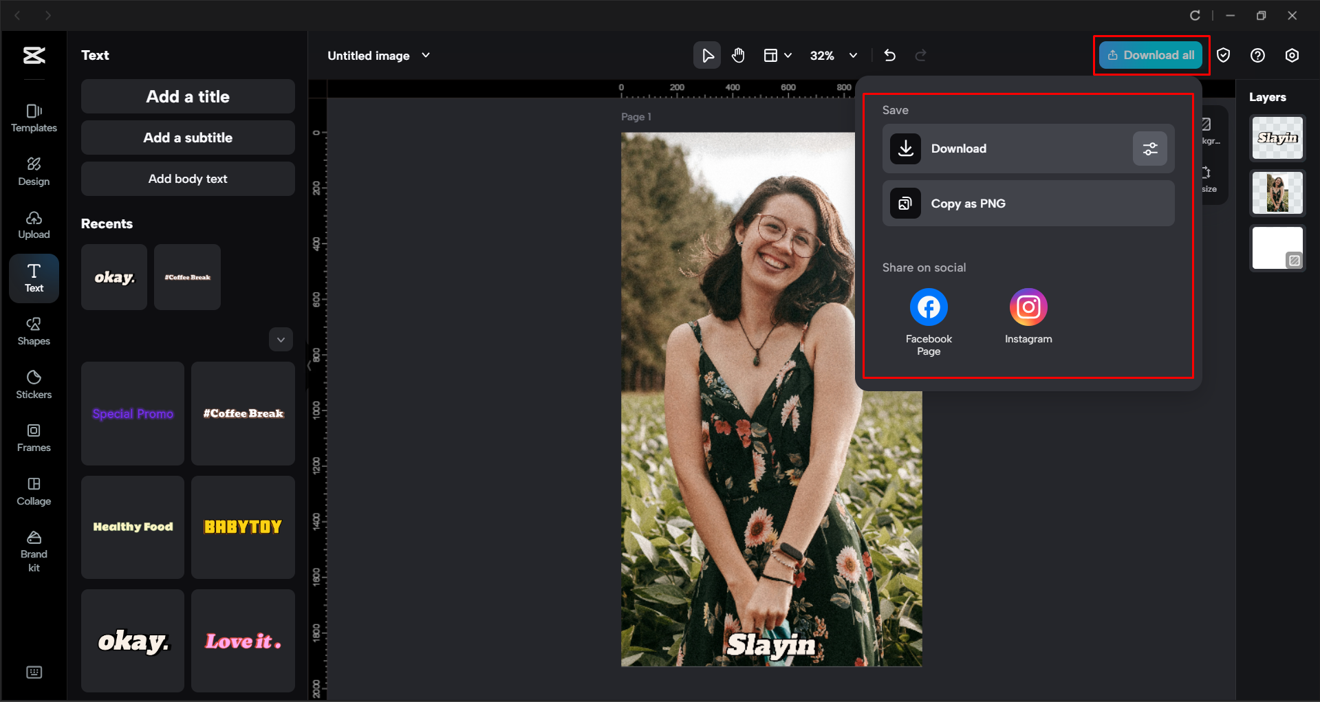 Downloading an image from the CapCut desktop video editor