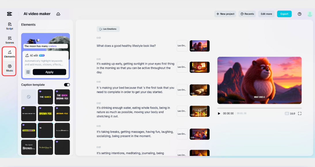 Agrega elementos y música.