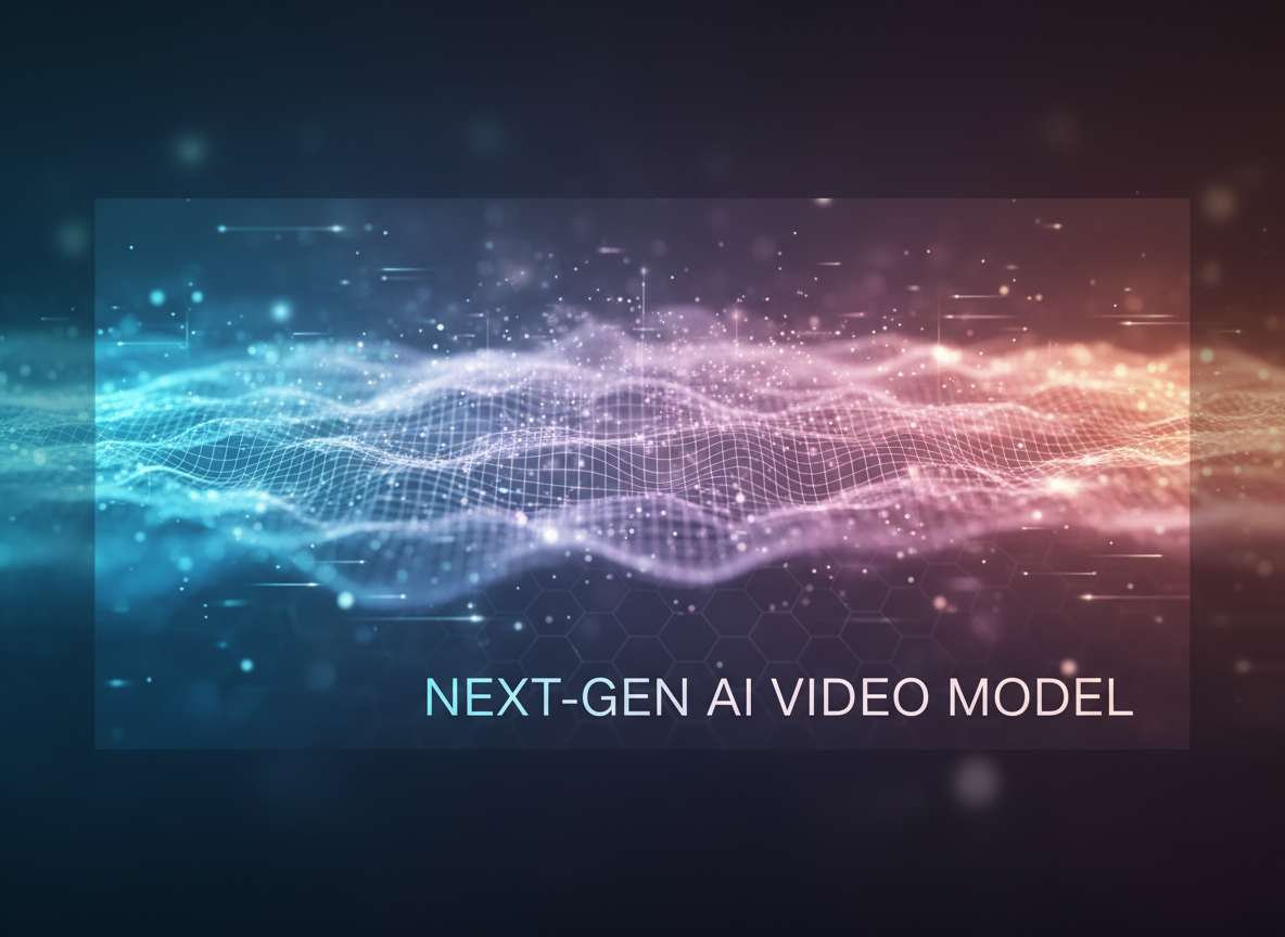 Hình ảnh tổng hợp trừu tượng đại diện cho mô hình video AI thế hệ tiếp theo với độ dốc mềm, các hạt và lưới công nghệ tinh tế.