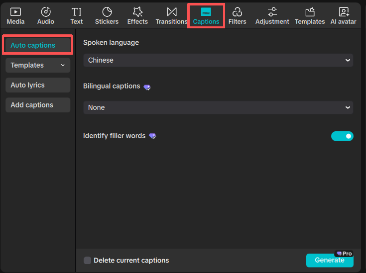 Toque em "Legendas automáticas" no menu superior do CapCut Desktop