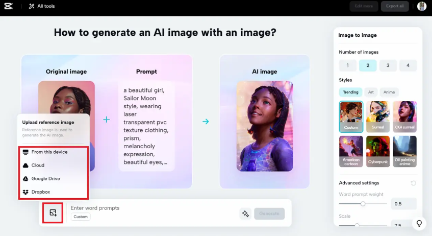 Upload the reference image and word prompt